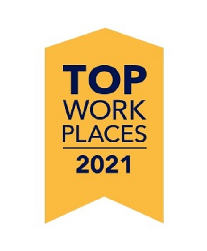 Vertical gold banner which reads, "Top Work Places 2021"